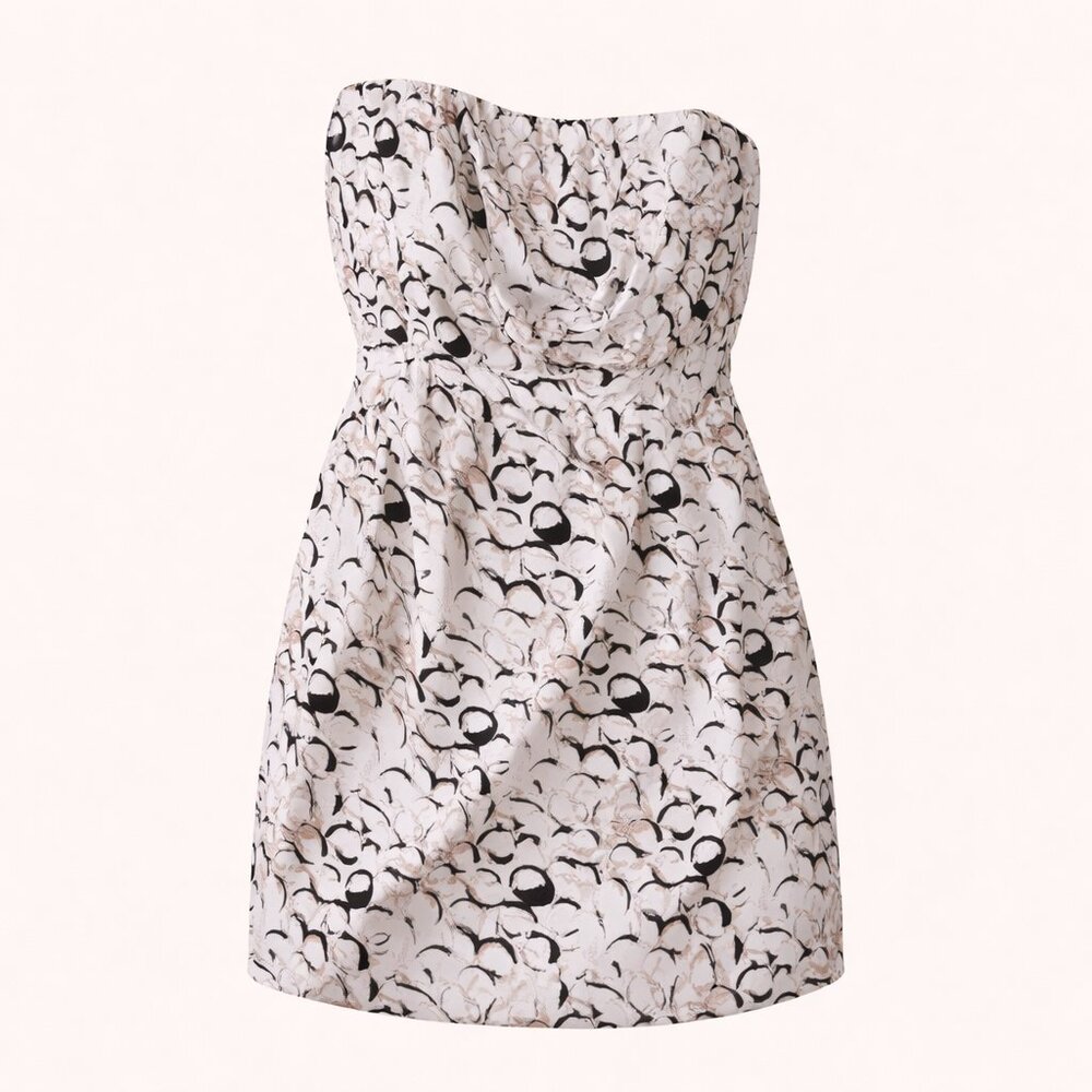 BCBG Generation Strapless Bubble Hem Mini Dress Black White Print Size 10